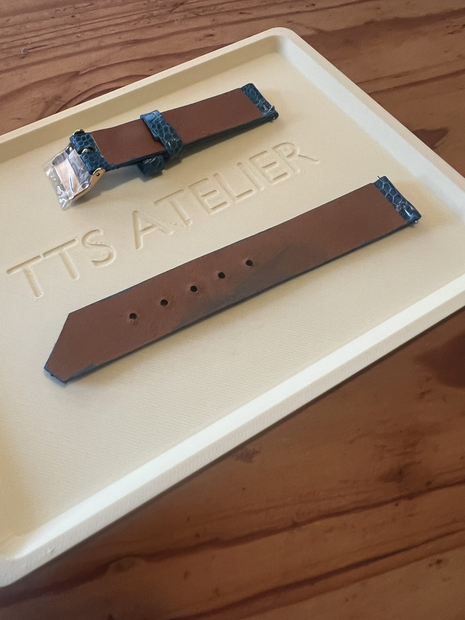 TTS Atelier Ostrich Leg Series Watch Strap In Aqua Blue — handmade ostrich leg leather watch strap